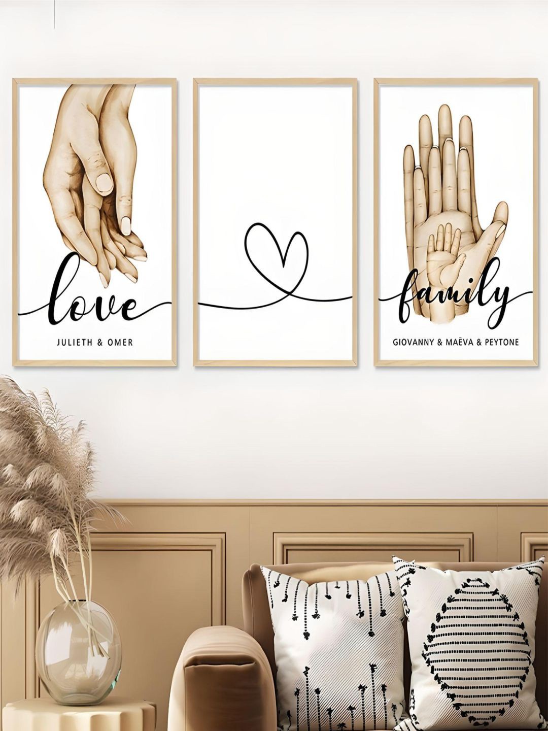 

THE HANDMADE FLAIR Off White 3 Pieces Family Names Hands Posters Love Wall Art