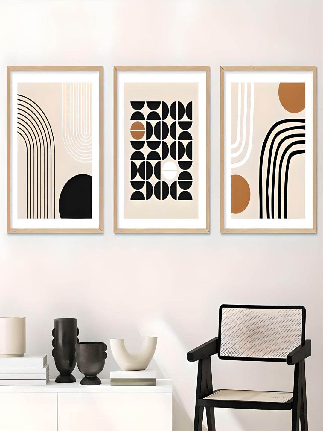 

THE HANDMADE FLAIR Beige 3 Pieces Abstract Minimalist Geometric Line Shape & Form Wall Art
