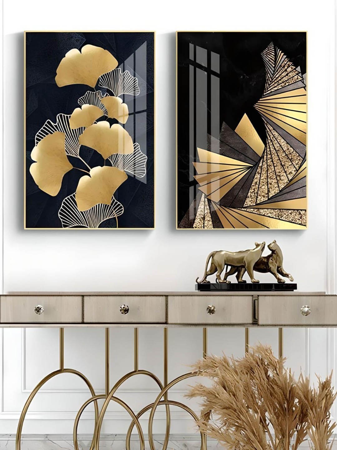 

THE HANDMADE FLAIR Black & Gold Toned 2 Pieces Geometric Botanical Wall Art