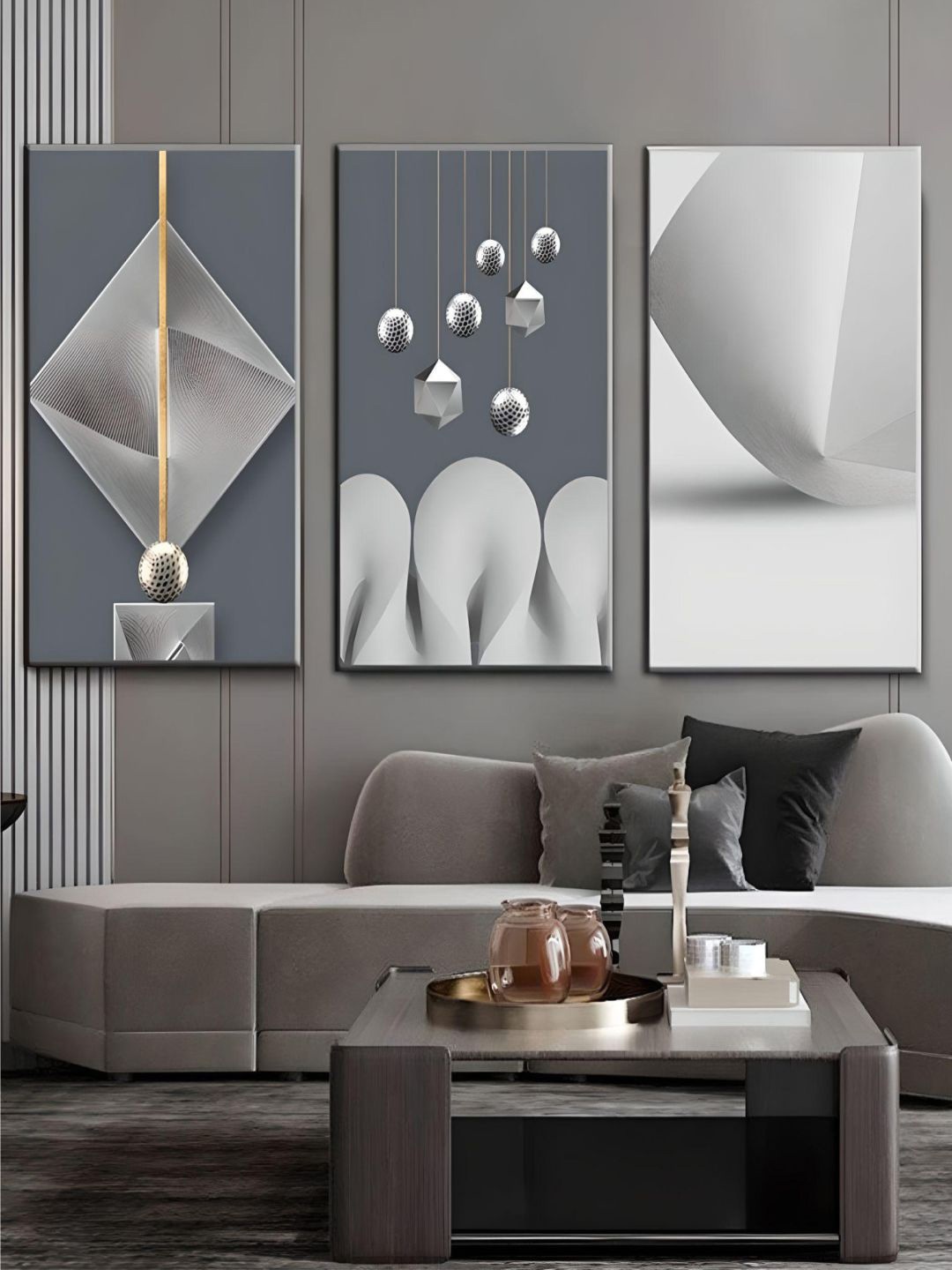 

THE HANDMADE FLAIR Grey 3 Pcs Aesthetics Abstract Geometric Minimalist Wall Arts