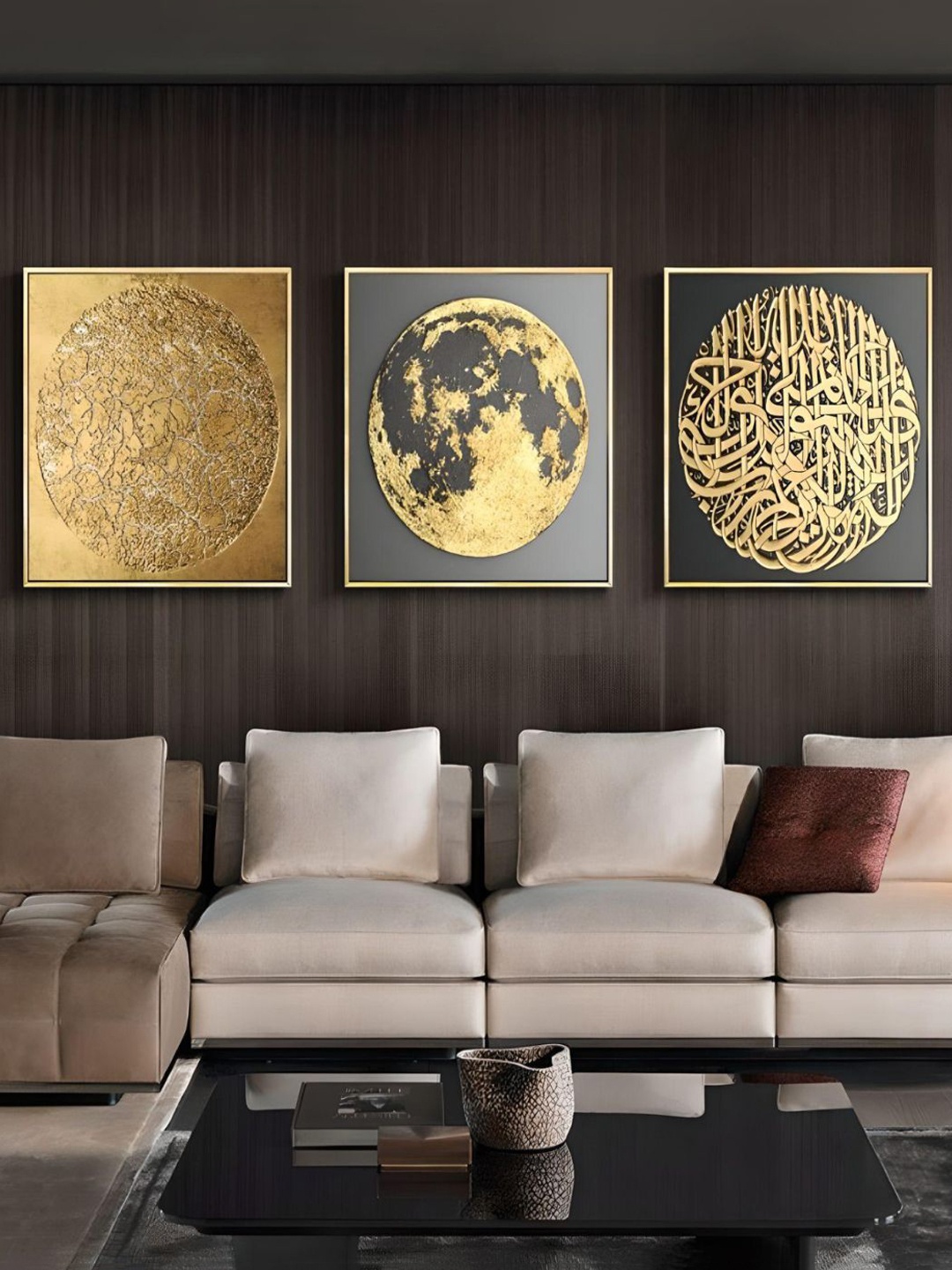 

THE HANDMADE FLAIR Gold Toned & Grey 3 Pieces Abstract Geometric Patterns Framed Wall Art