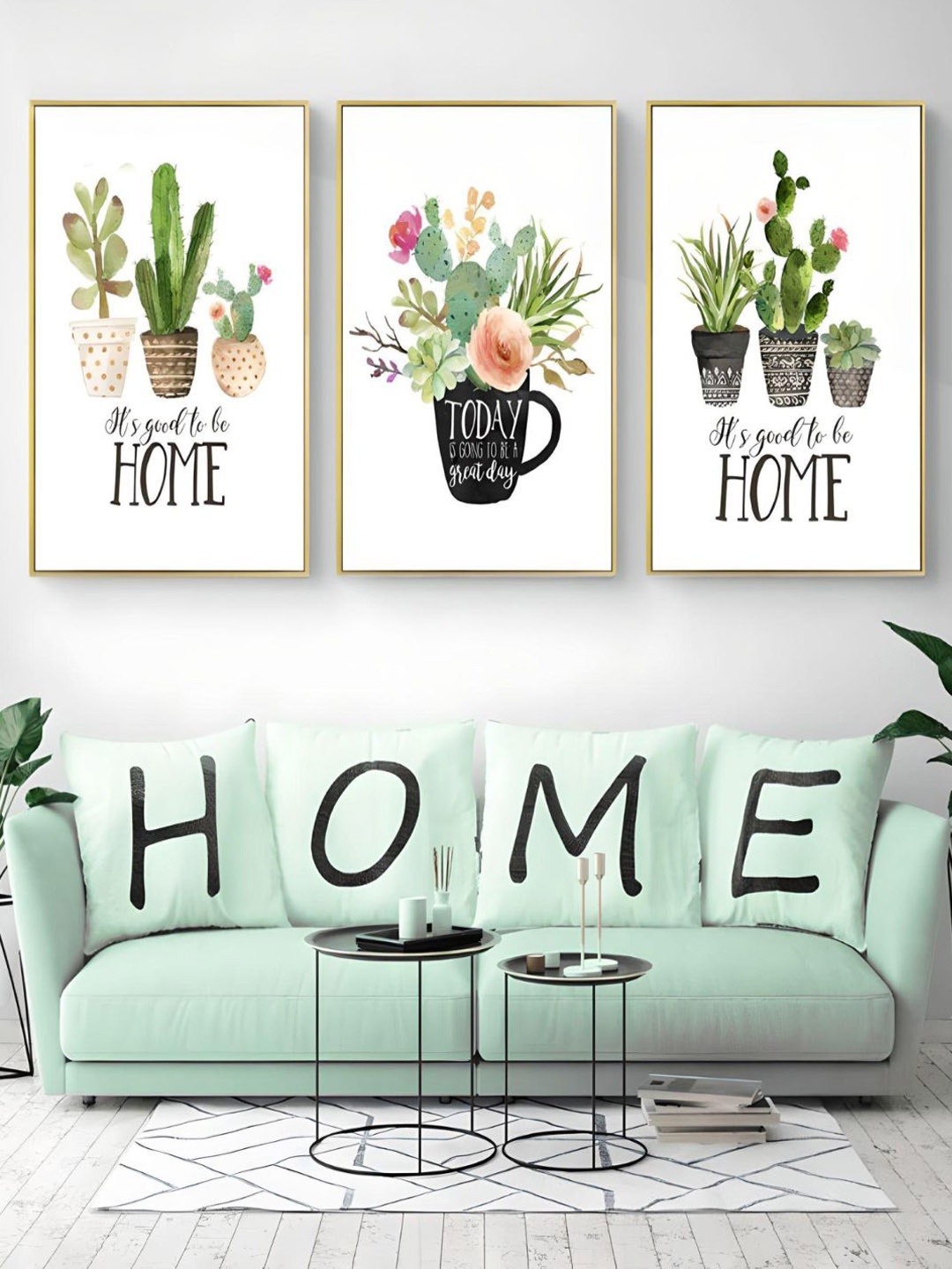 

THE HANDMADE FLAIR Green 3 Pieces Plant Pots Botanic Wall Art