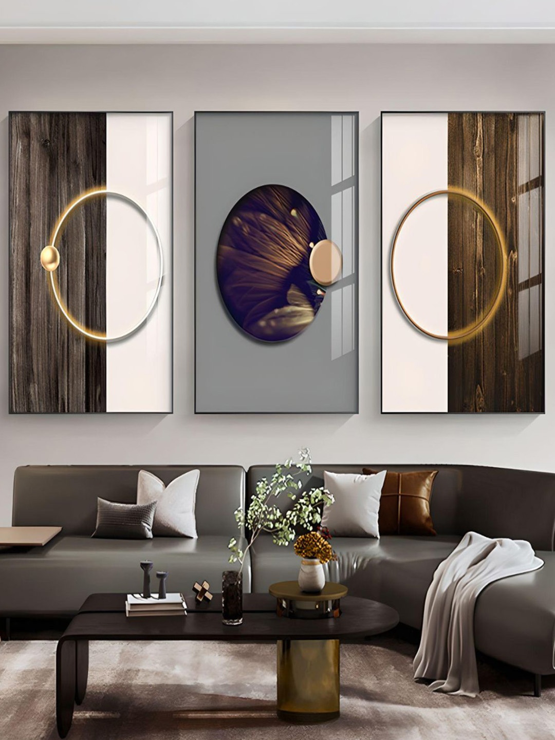 

THE HANDMADE FLAIR Brown & Grey 3 Pieces Golden Ring Of Light Printed Wall Arts