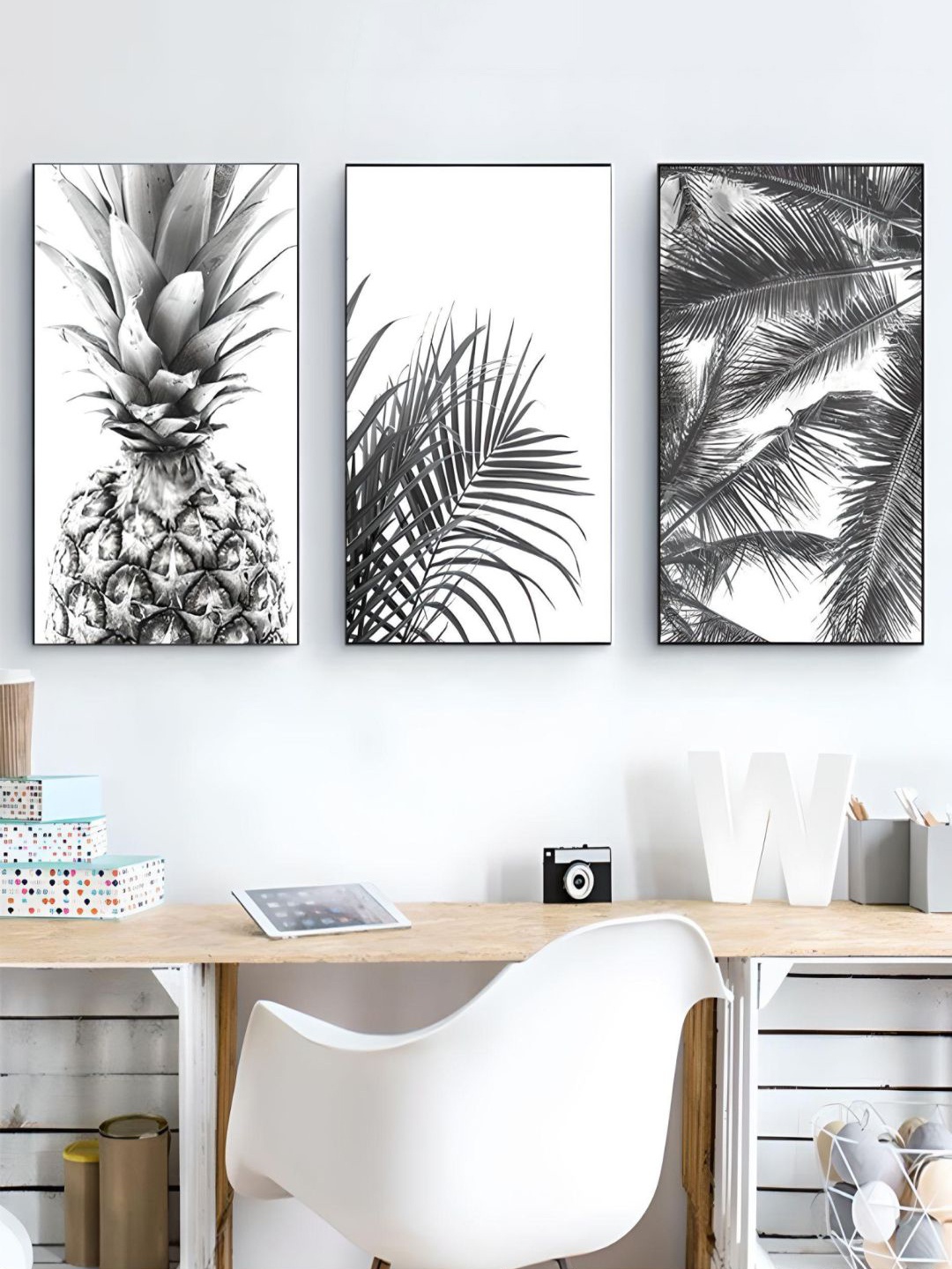 

THE HANDMADE FLAIR White & Grey 3 Pieces Palm Leaves Pineapple Wall Art