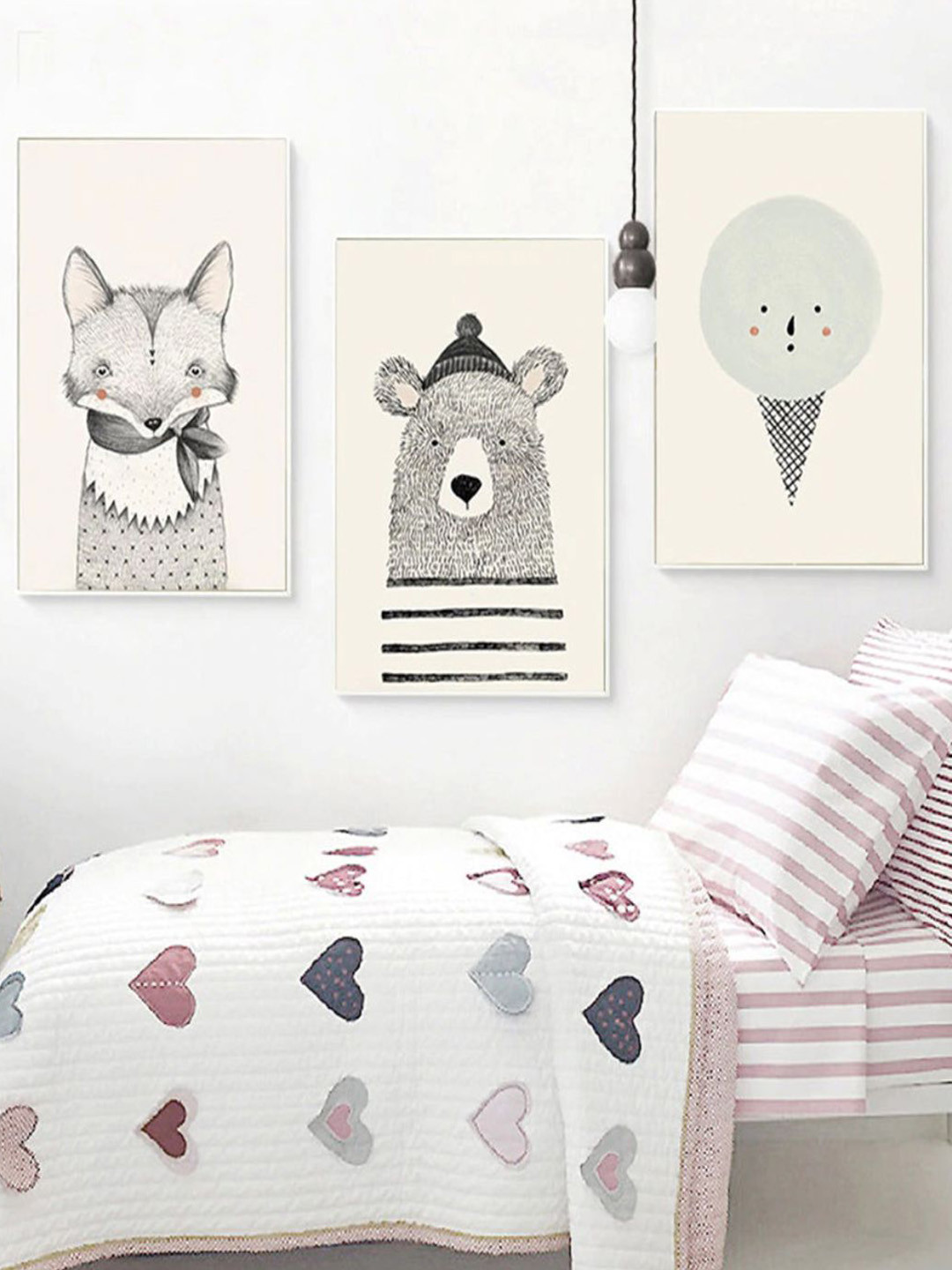 

THE HANDMADE FLAIR Grey & Off- White 3 Pieces Woodland Animals Nursery Wall Arts
