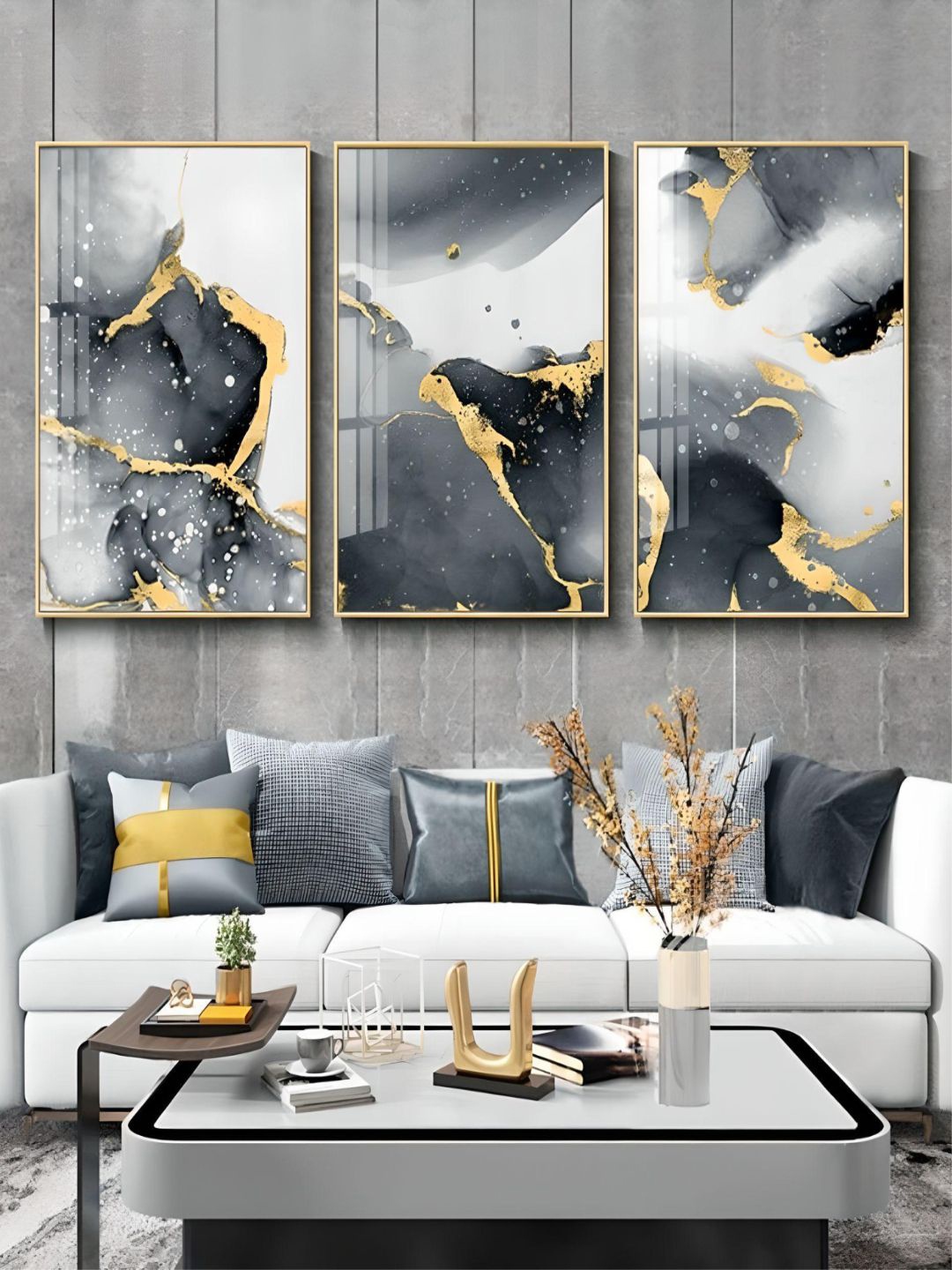 

THE HANDMADE FLAIR Black & Brown 3 Pieces Marble Modern Interiors Wall Arts