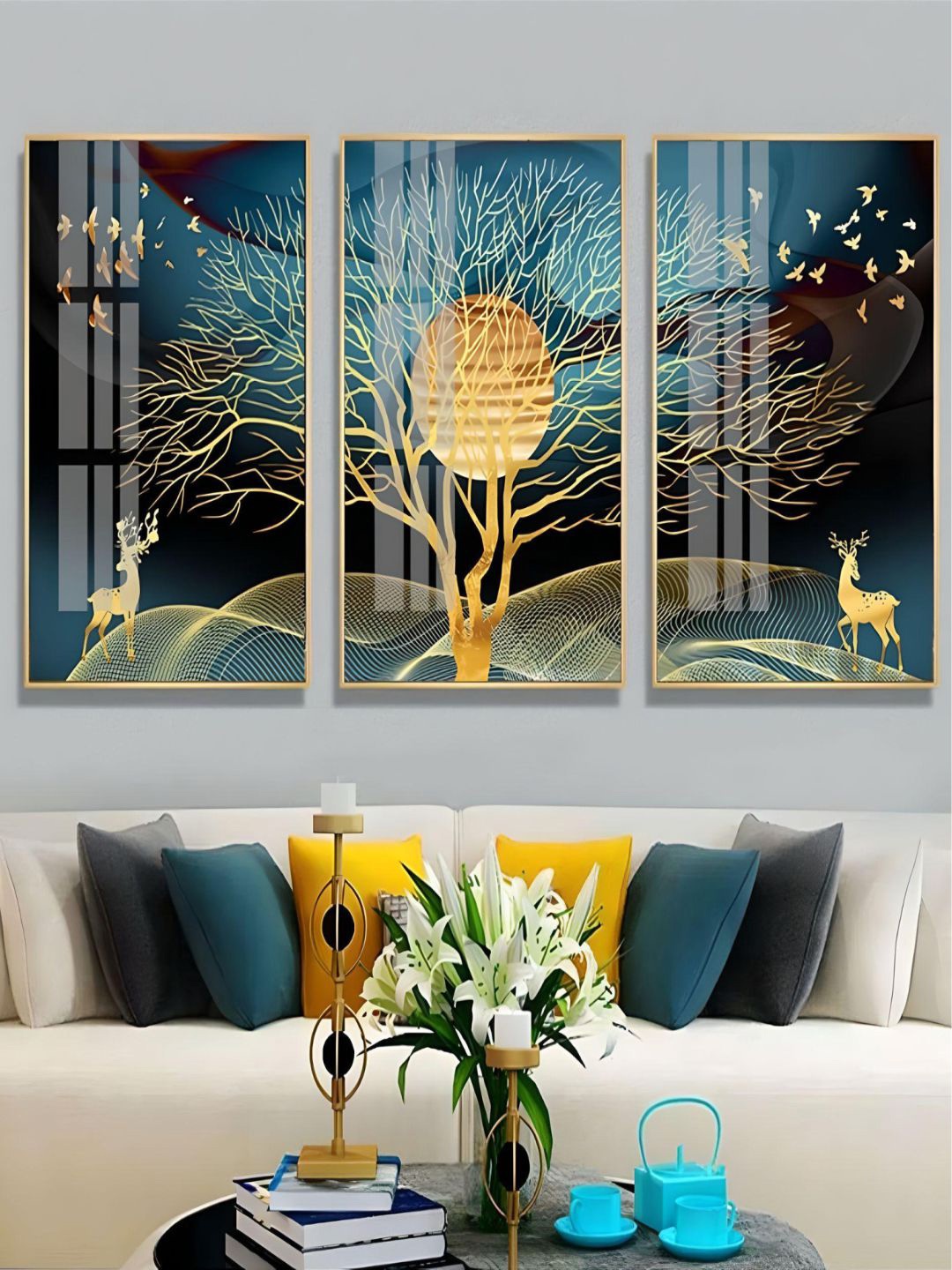 

THE HANDMADE FLAIR Gold Toned & Blue 3 Pieces Dream Landscape Luxury Wall Art
