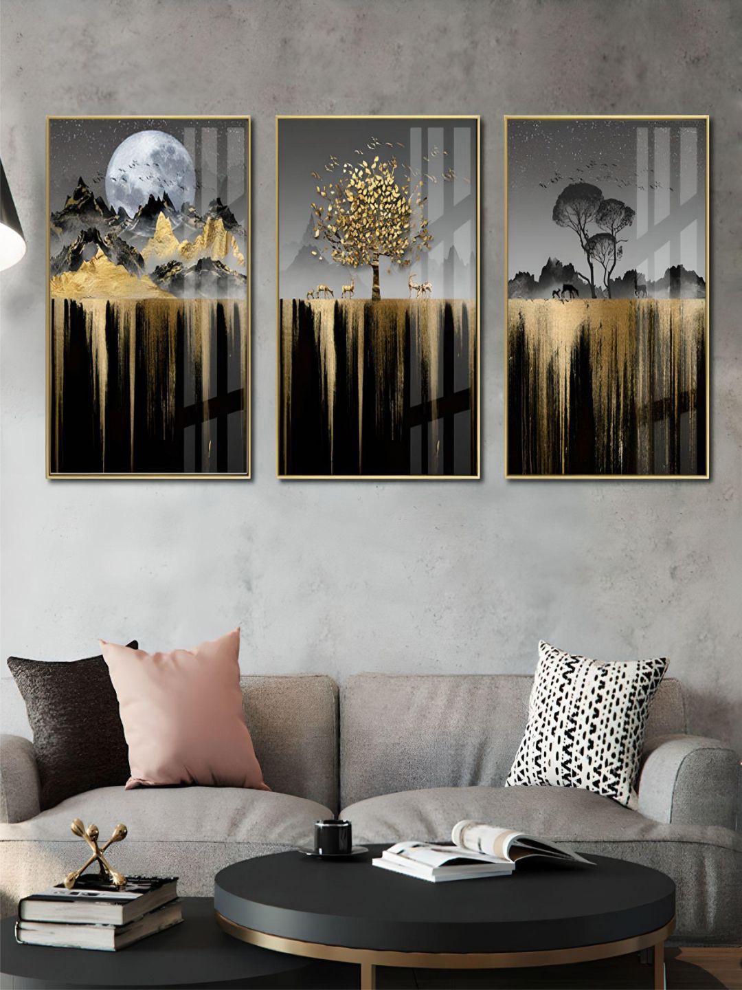 

THE HANDMADE FLAIR Grey 3 Pieces Auspicious Golden Tree Moon Landscape Wall Arts