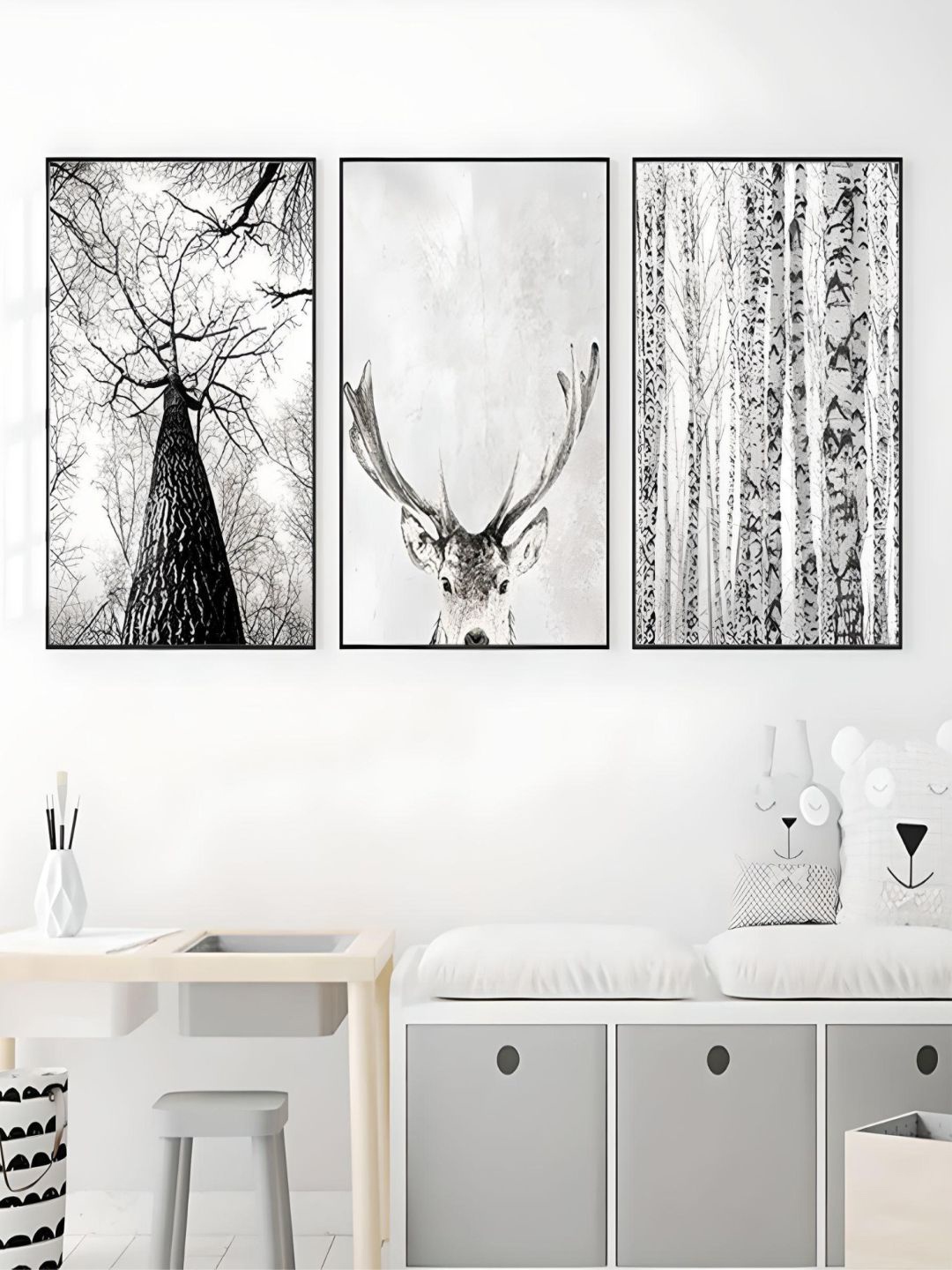 

THE HANDMADE FLAIR Grey 3 Pieces Woodland Nature Deer Wall Art