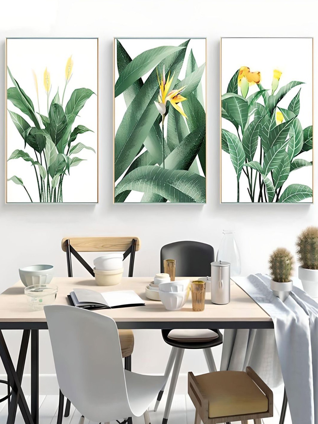 

THE HANDMADE FLAIR Off White 3 Pieces Tropical Botany Leaves Flowers Canvas Wall Arts