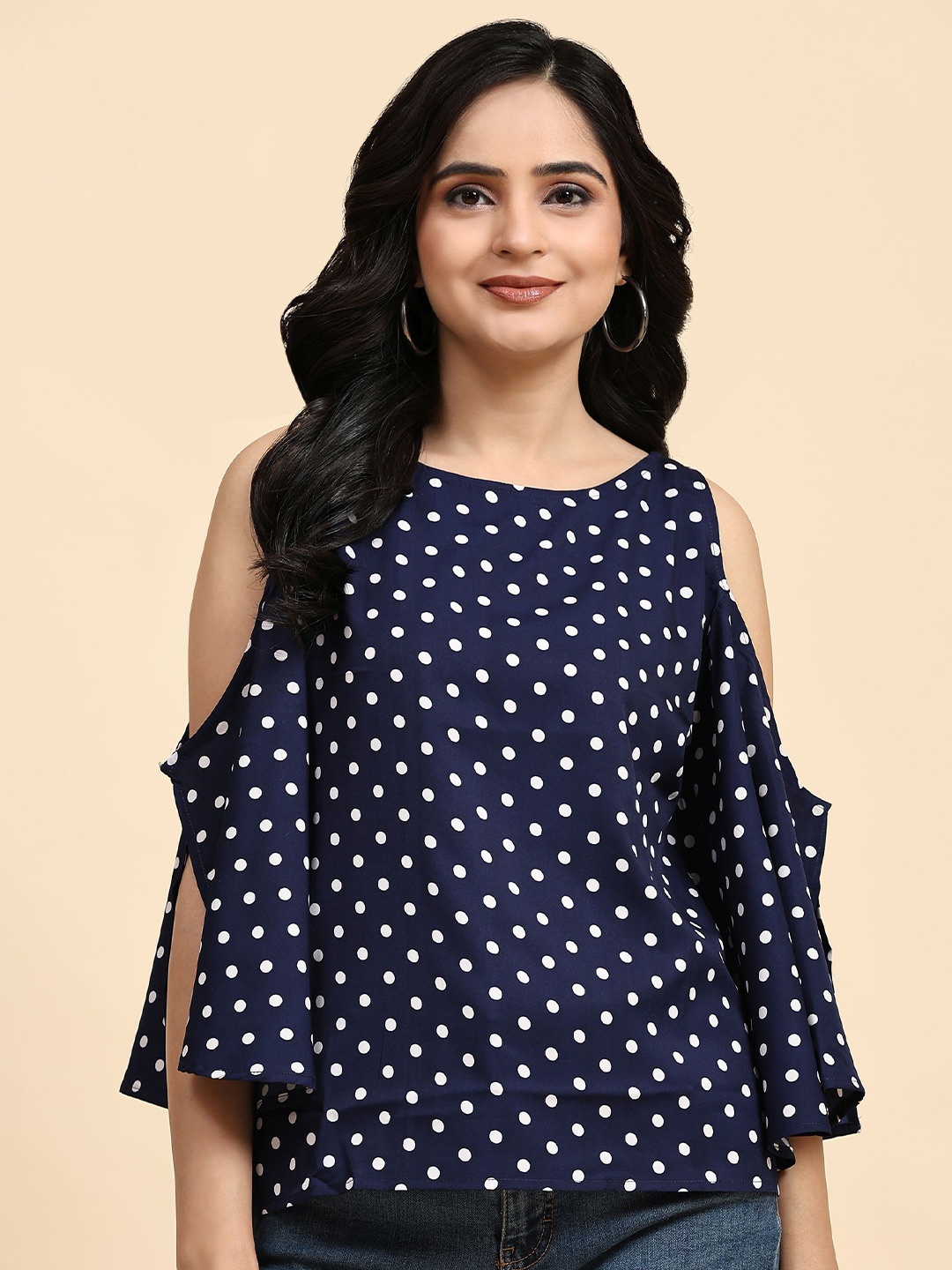 

BAESD Polka Dots Printed Cold Shoulder Top, Navy blue