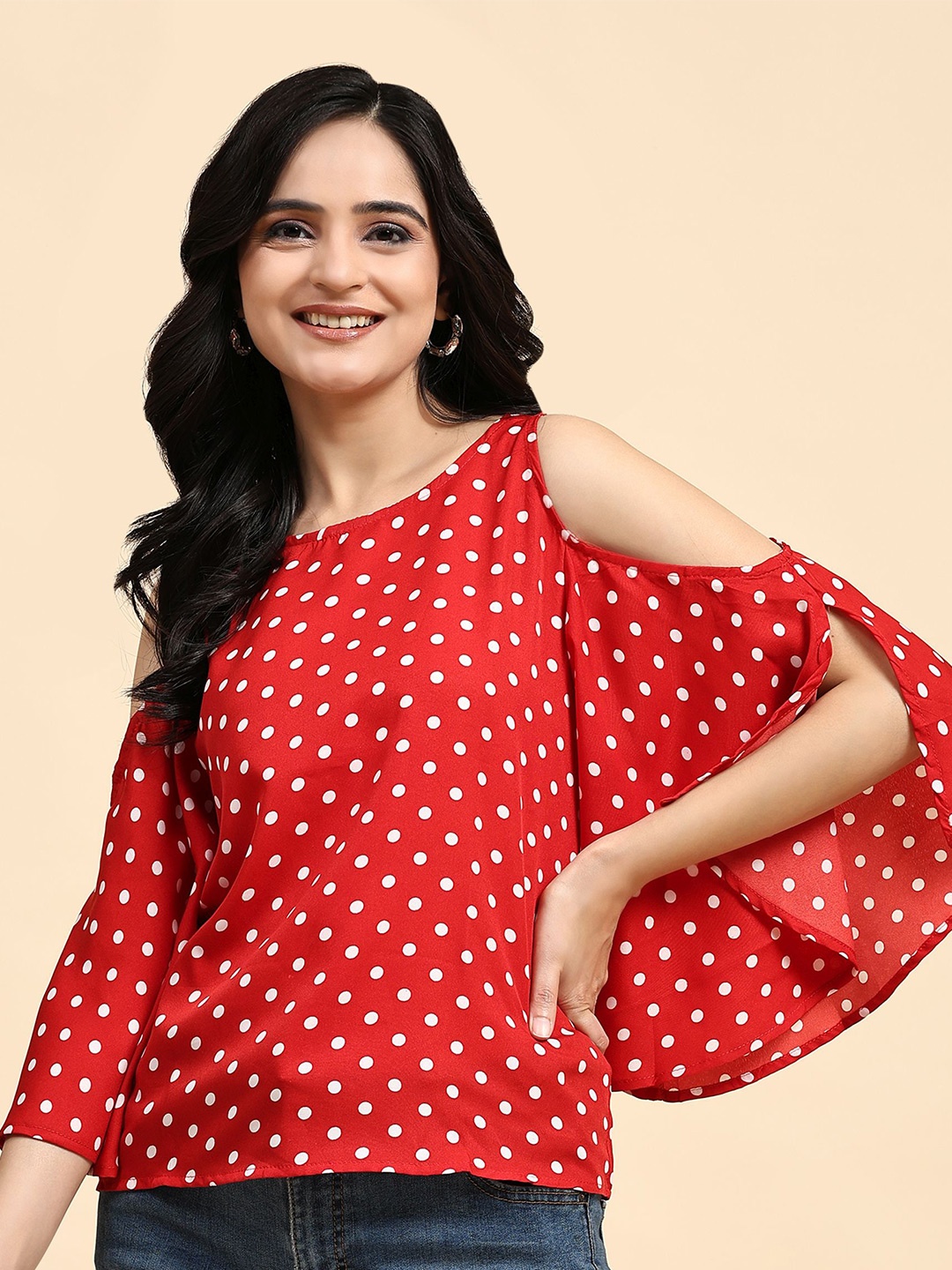 

BAESD Polka Dots Printed Cold Shoulder Top, Red