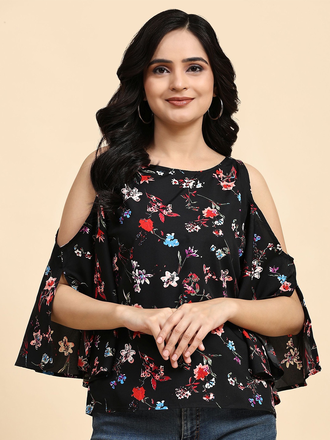 

BAESD Floral Printed Cold Shoulder Top, Black