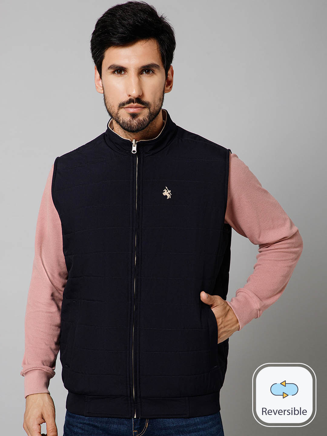 

Cantabil Reversible Stand Collar Sleeveless Bomber Jacket, Navy blue