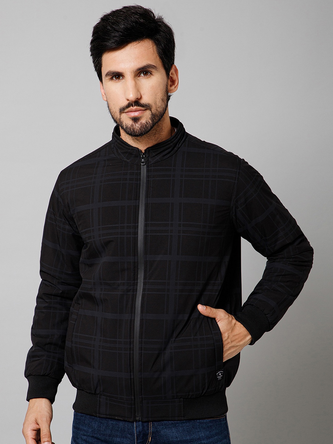 

Cantabil Checked Lightweight Bomber Jacket, Black