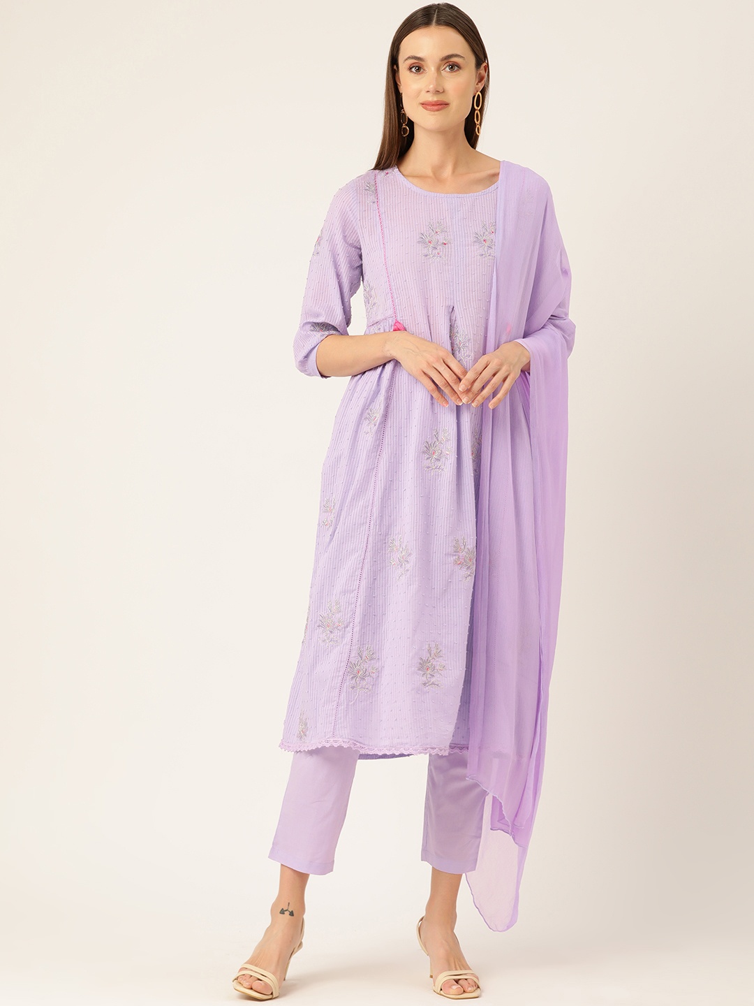 

MISRI Women Floral Embroidered Regular Pure Cotton Kurta with Trousers & With Dupatta, Lavender