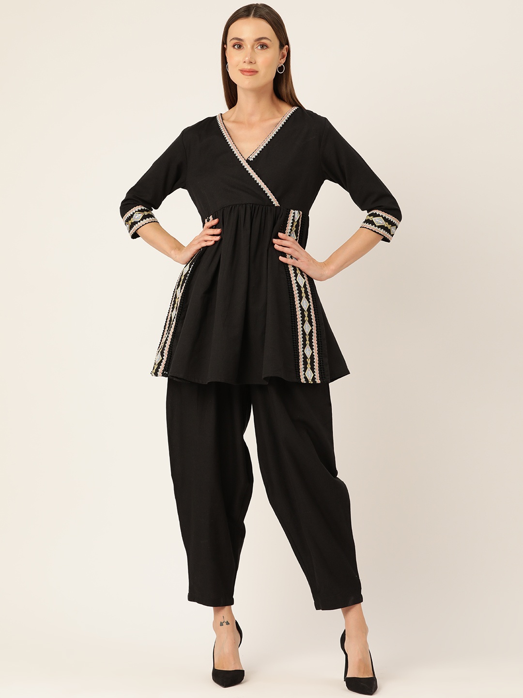 

MISRI Women Embroidered Pleated Kurti with Salwar, Black
