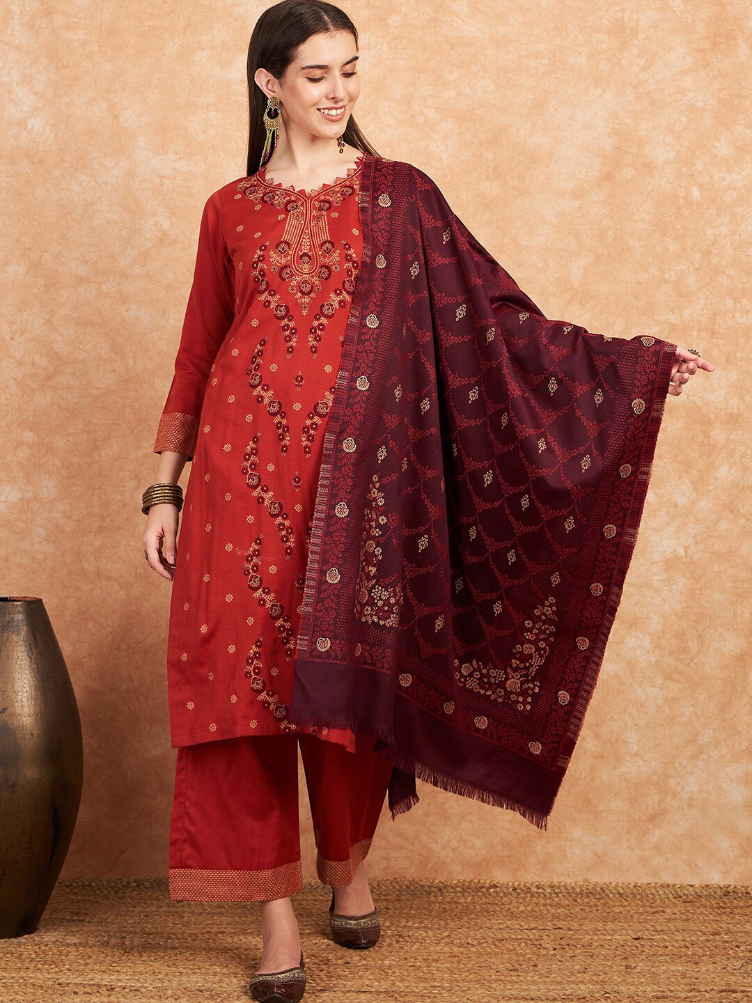 

HK colours of fashion Floral Printed Unstitched Dress Material, Rust