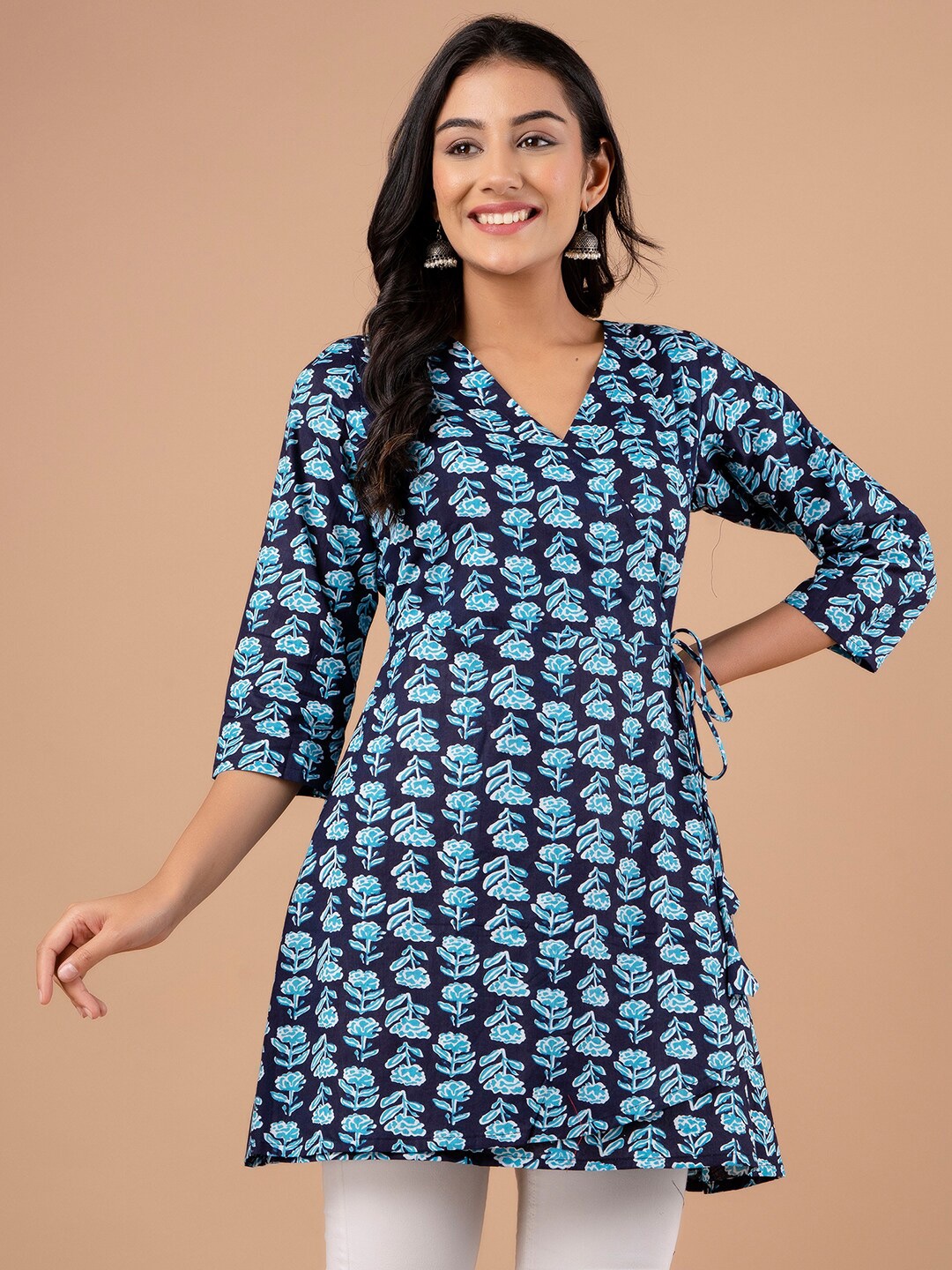 

FERANOID Ethnic Motifs Printed Pure Cotton A Line Kurti, Blue