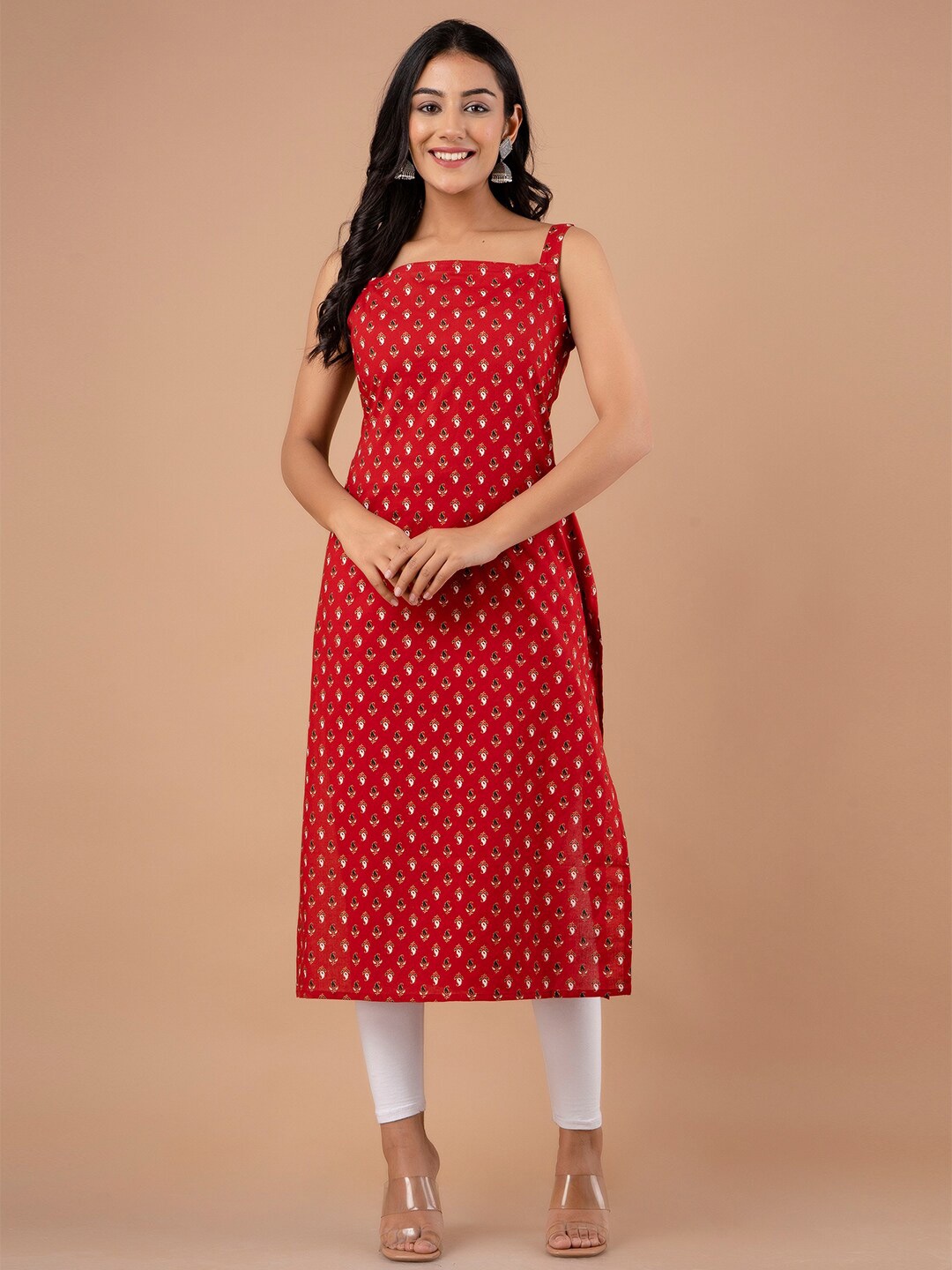 

FERANOID Ethnic Motifs Printed Square Neck Straight Pure Cotton Kurta, Red