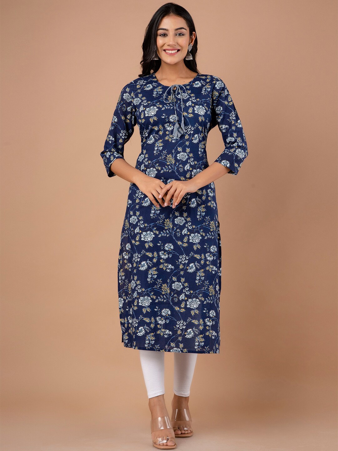 

FERANOID Floral Printed Keyhole Neck Straight Pure Cotton Kurta, Navy blue