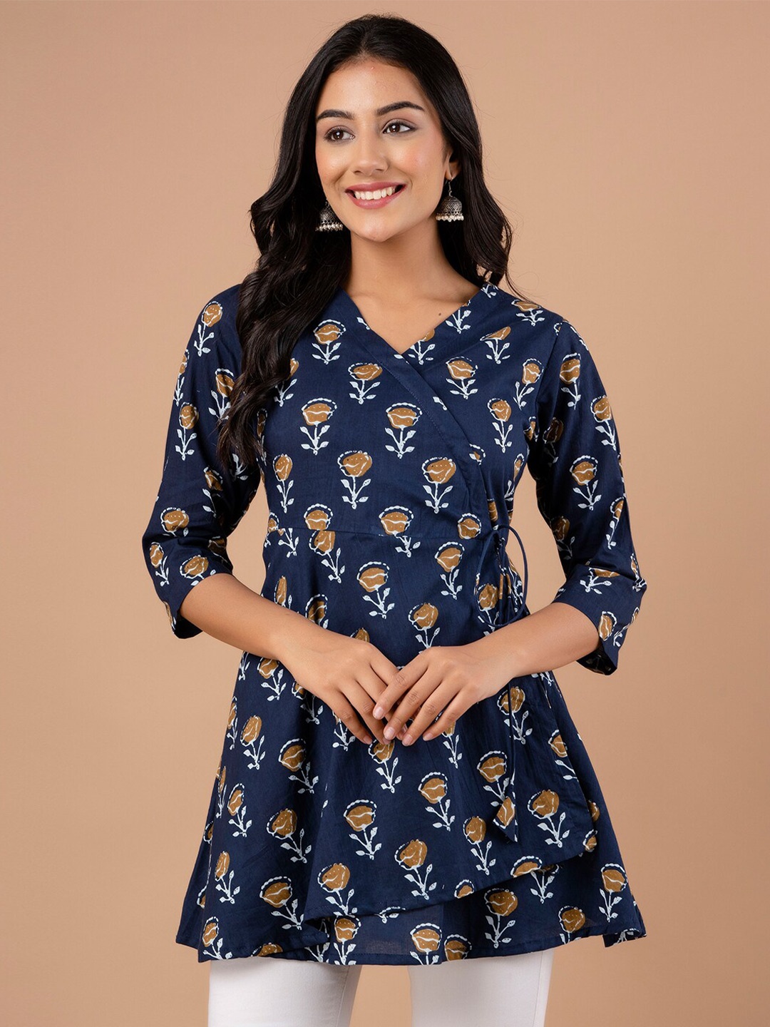 

FERANOID Ethnic Motifs Printed Pure Cotton A Line Kurti, Blue