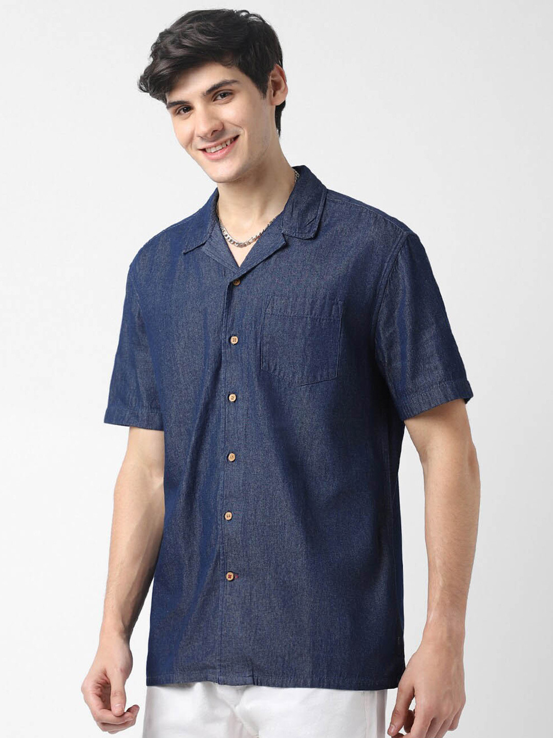 

VASTRADO Denim Weave Oversized Cuban Collar Cotton Casual Shirt, Navy blue