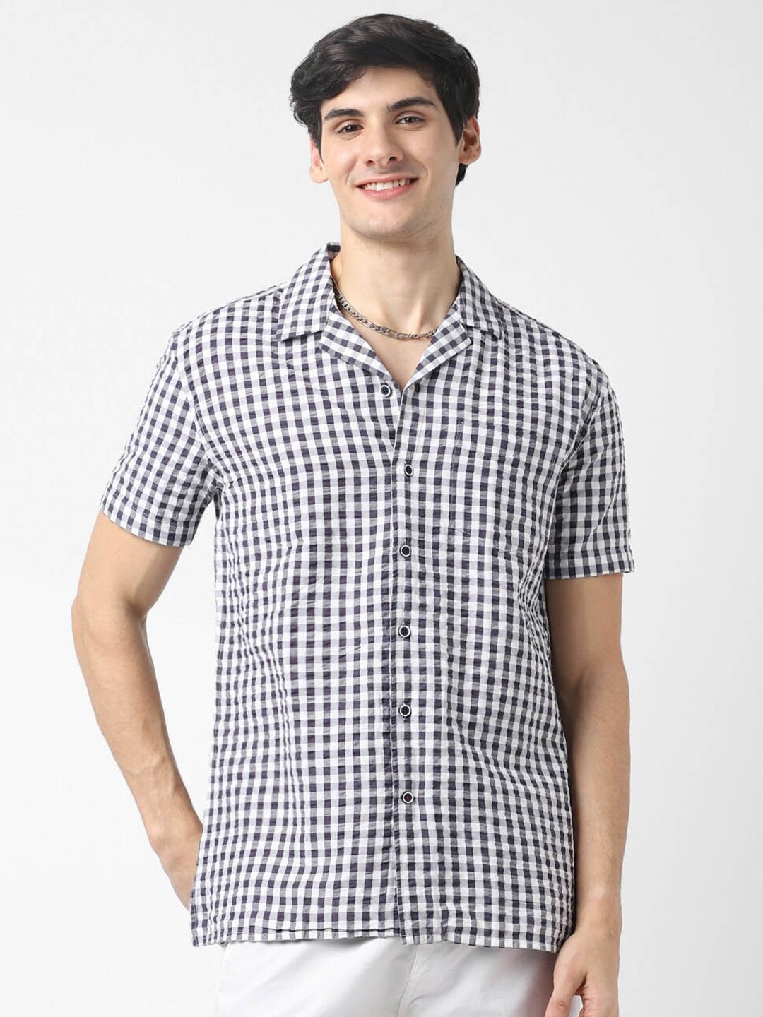 

VASTRADO Gingham Checked Seersucker Weave Oversized Cotton Casual Shirt, Black
