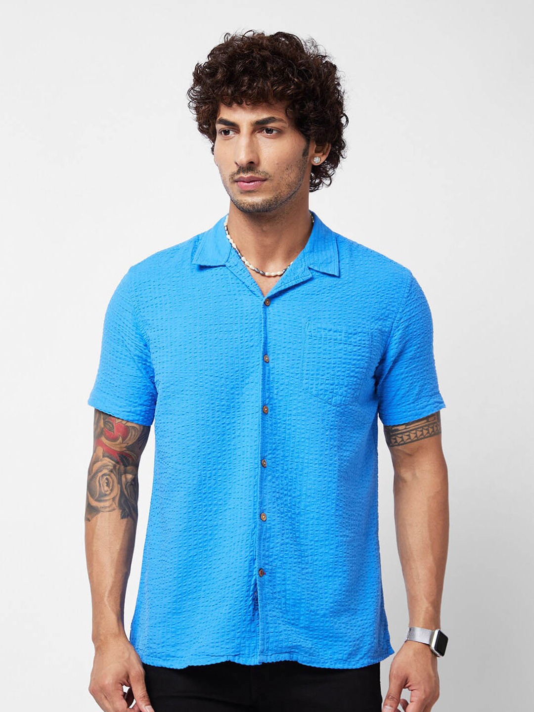

VASTRADO Textured Seersucker Weave Oversized Cotton Casual Shirt, Blue