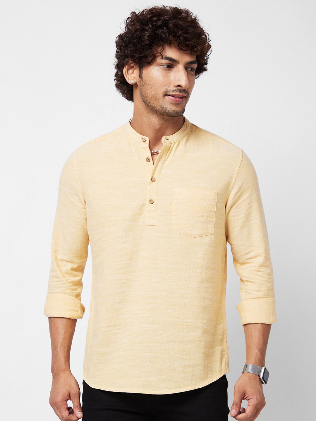 

VASTRADO Mandarin Collar Pure Cotton Straight Kurta, Yellow