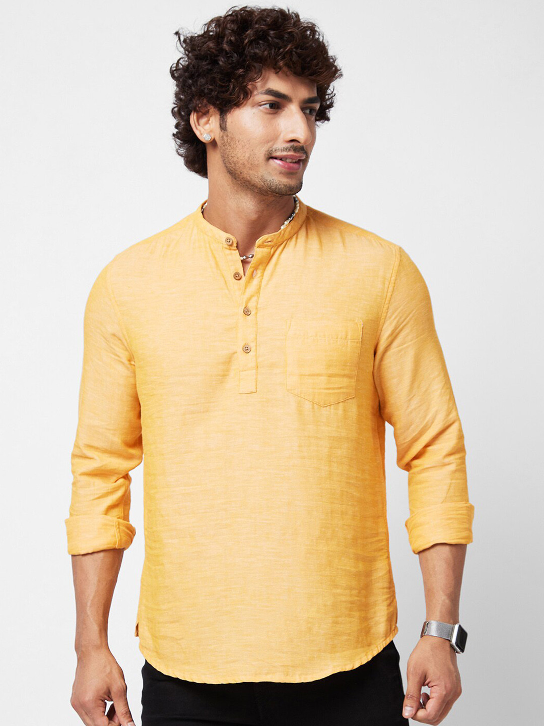 

VASTRADO Cotton Mandarin Collar Short Kurta, Mustard