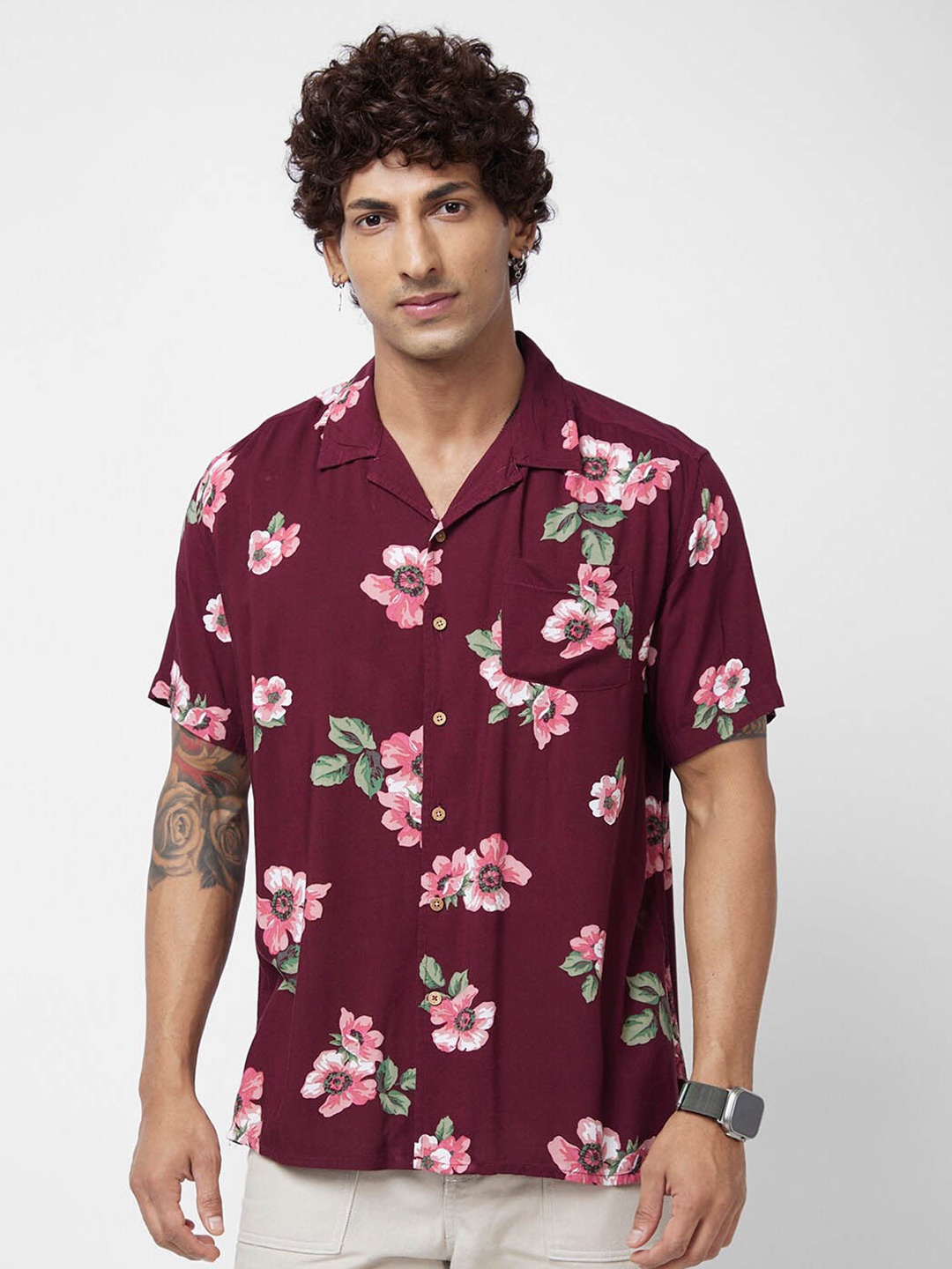 

VASTRADO Floral Printed Oversized Cotton Casual Shirt, Maroon