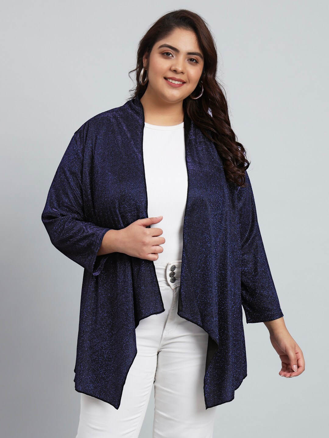

urSense Self Design Embellished Open Front Shrug, Navy blue