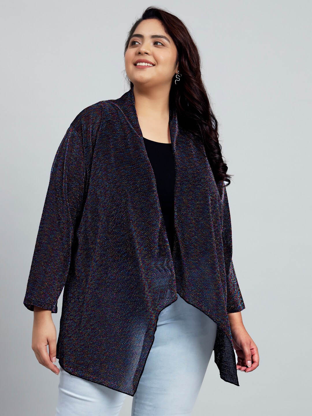 

urSense Self Design Embellished Open Front Shrug, Navy blue