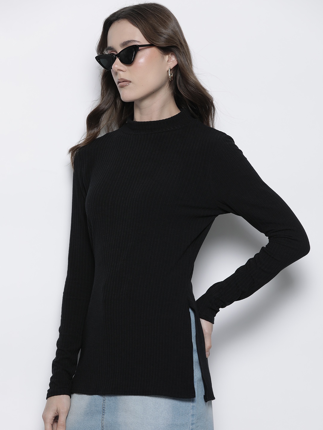 

Boohoo Side Split Turtle Neck Knitted Ribbed Top, Black