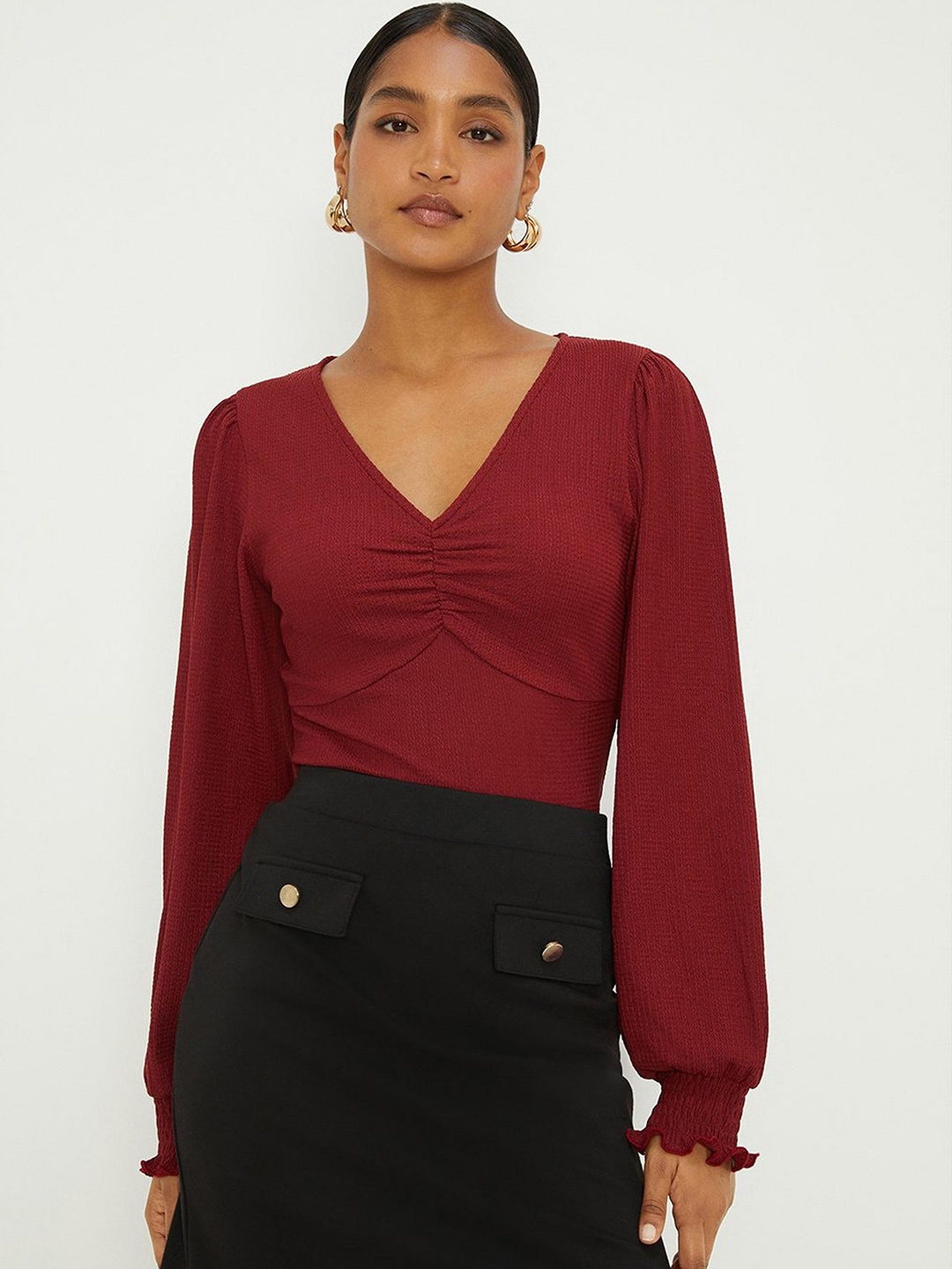 

DOROTHY PERKINS Solid Puff Sleeves Ruched Detail Top, Maroon