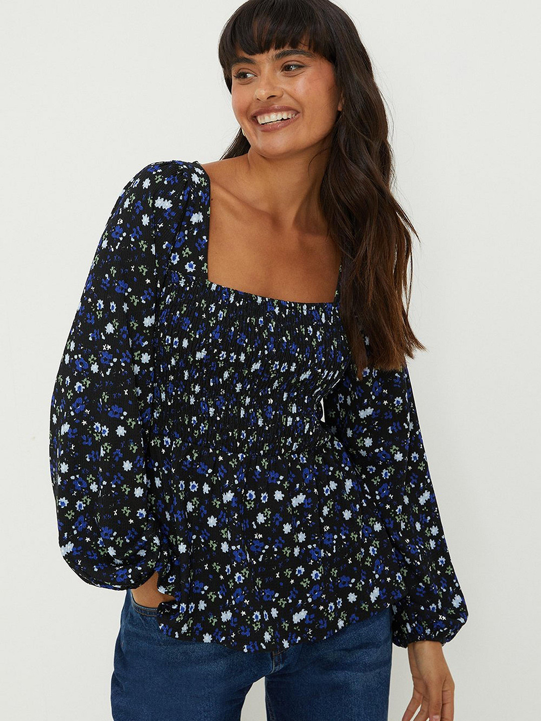 

DOROTHY PERKINS Floral Print Puff Sleeves Smocked Top, Black