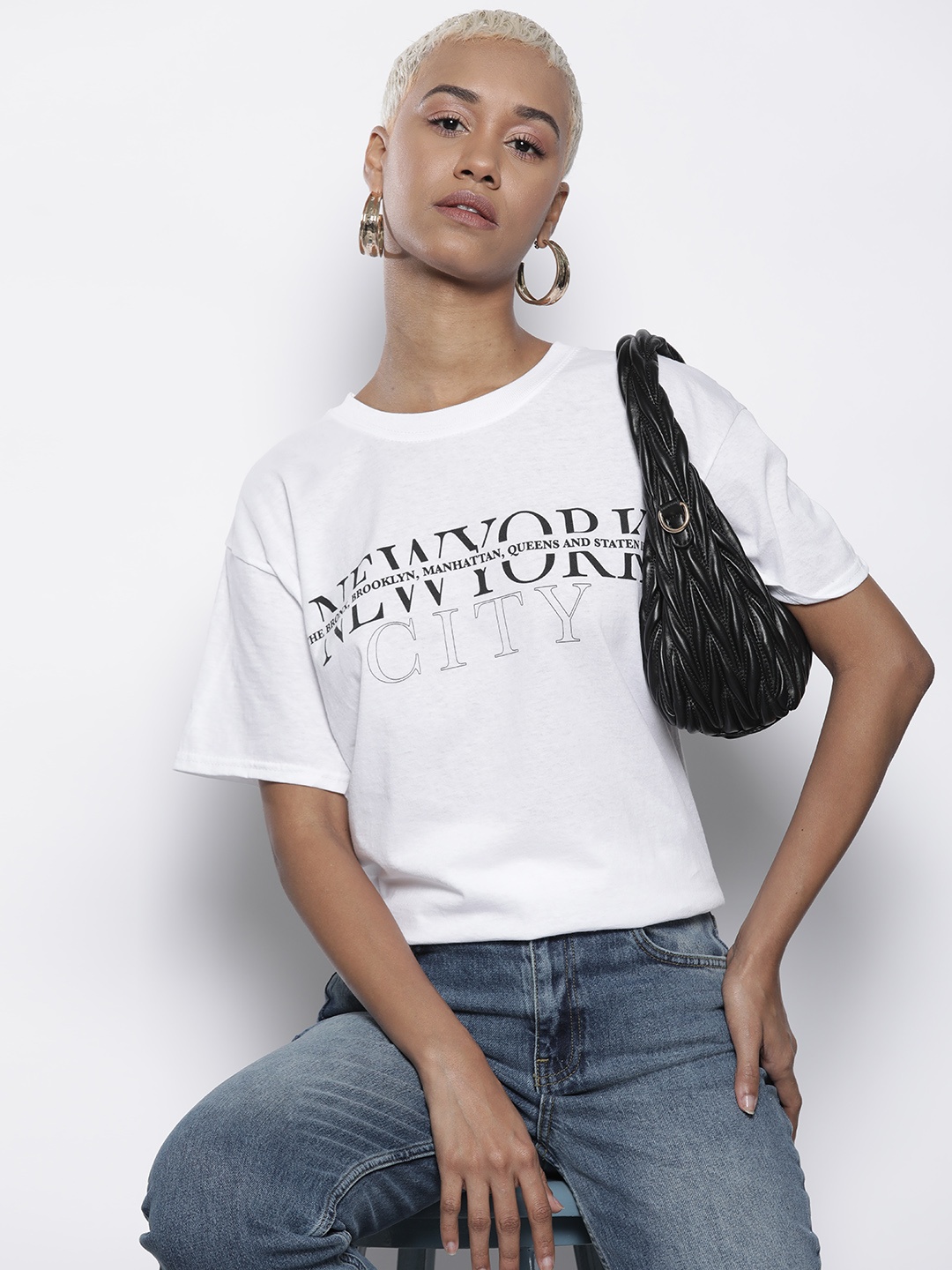 

Boohoo Printed Drop-Shoulder Sleeves Pure Cotton Oversized T-shirt, White