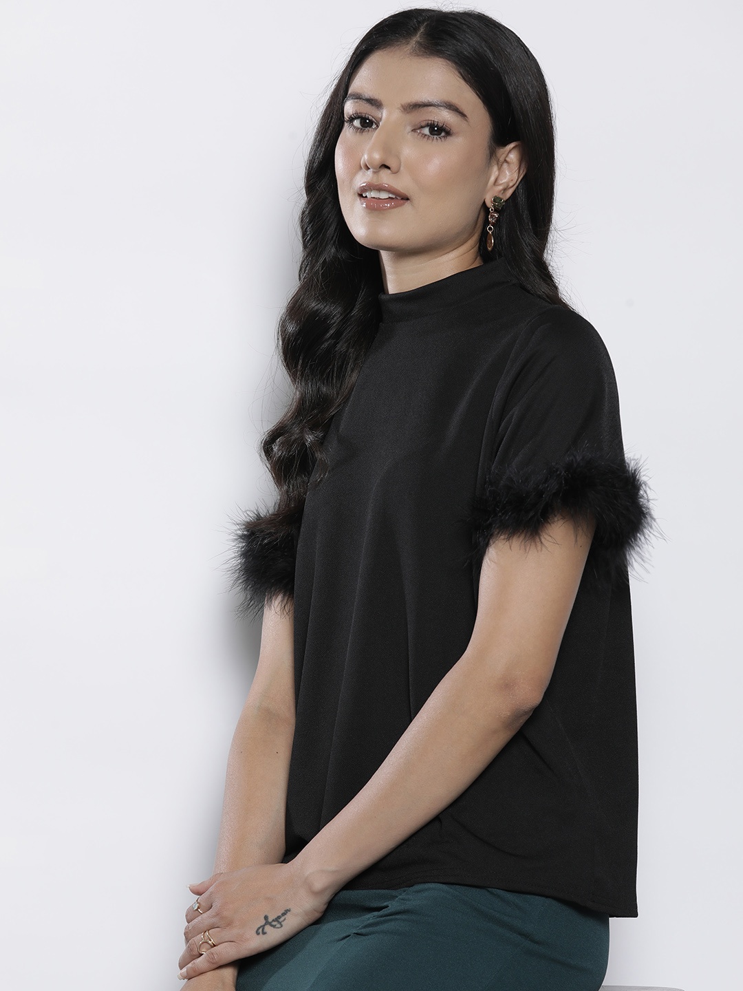 

Boohoo Feather Trim High Neck Top, Black