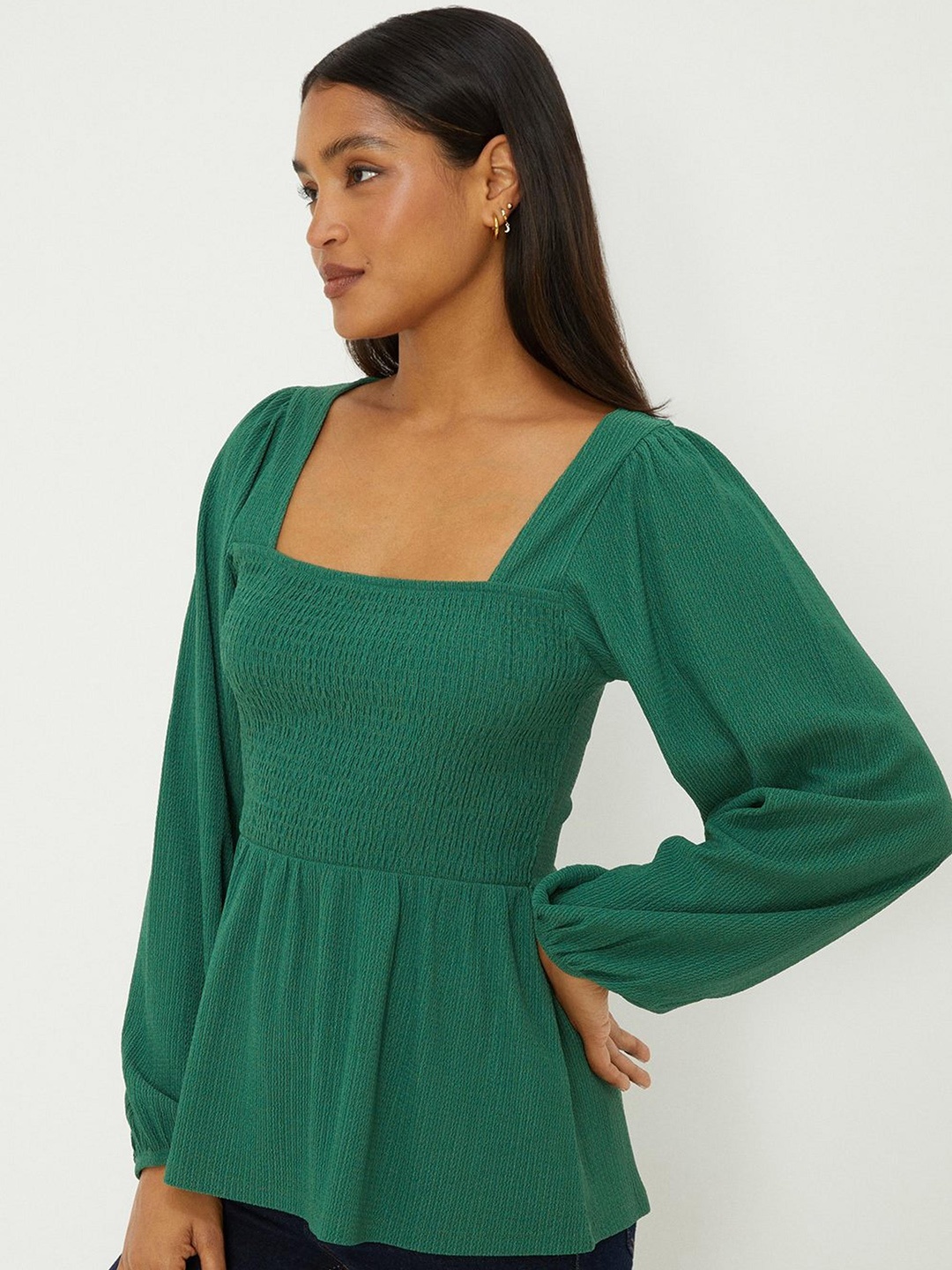 DOROTHY PERKINS Shirred Puff Sleeve Peplum Top, Green