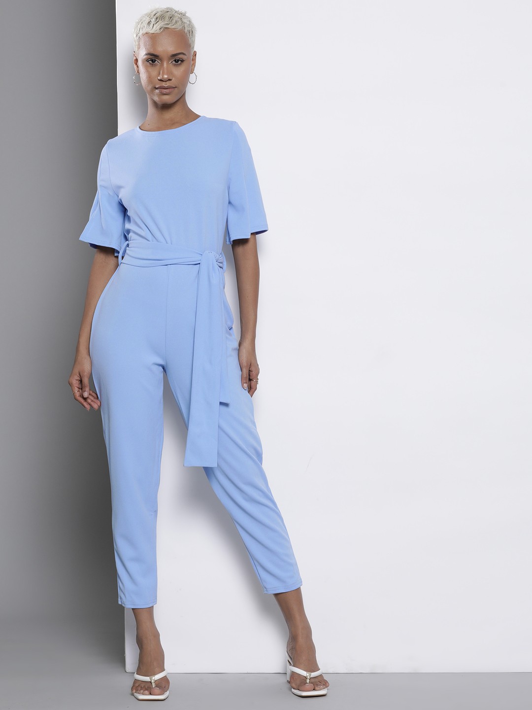 

Boohoo Petite Round-Neck Cropped Basic Jumpsuit with Belted Detail, Blue