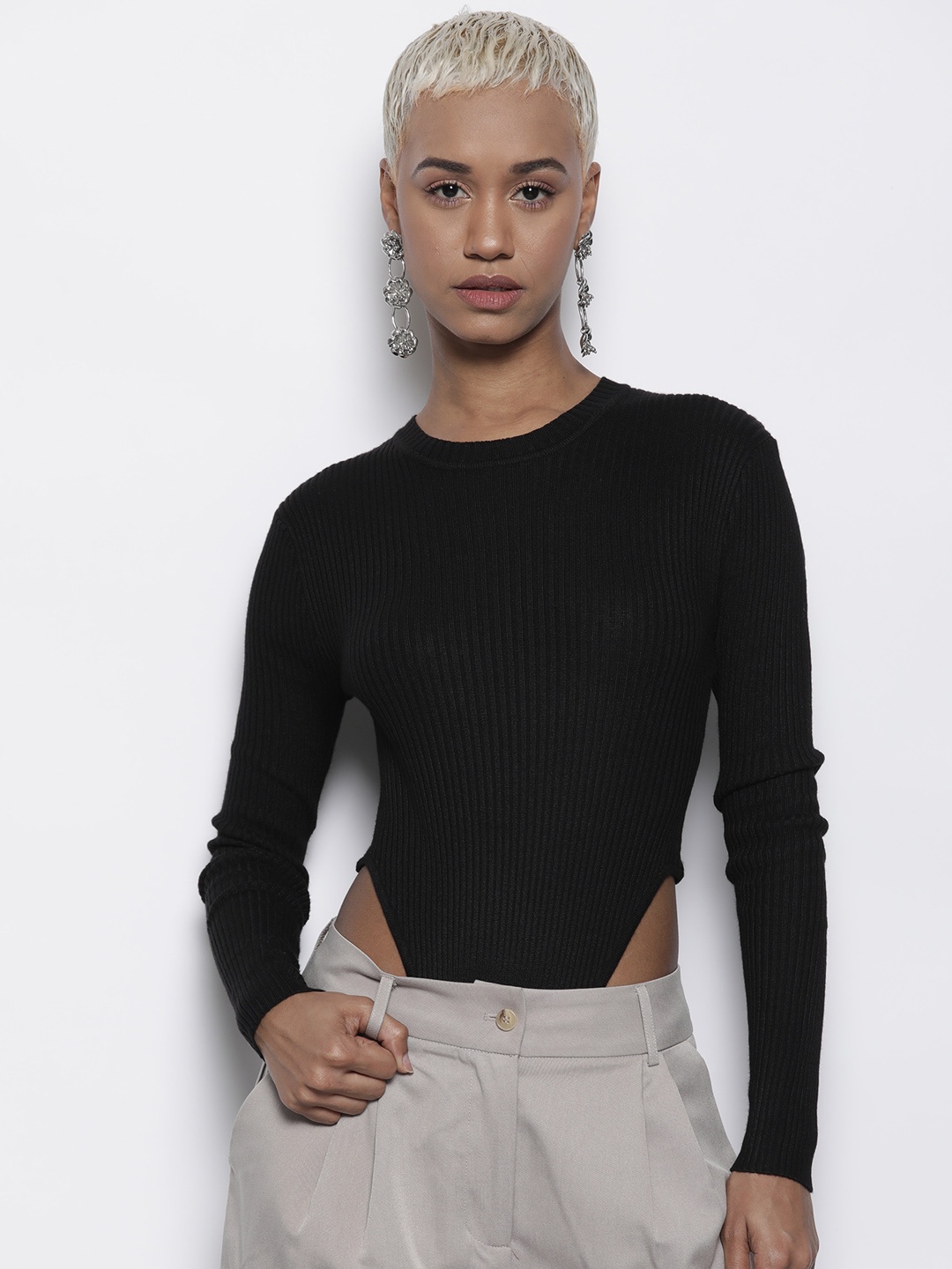 

Boohoo Ribbed Knit Crew Neck Racer Bodysuit, Black