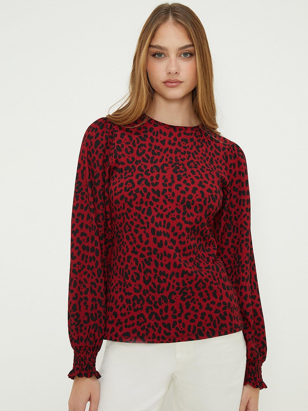 DOROTHY PERKINS Animal Print Textured Puff Sleeve Top, Red