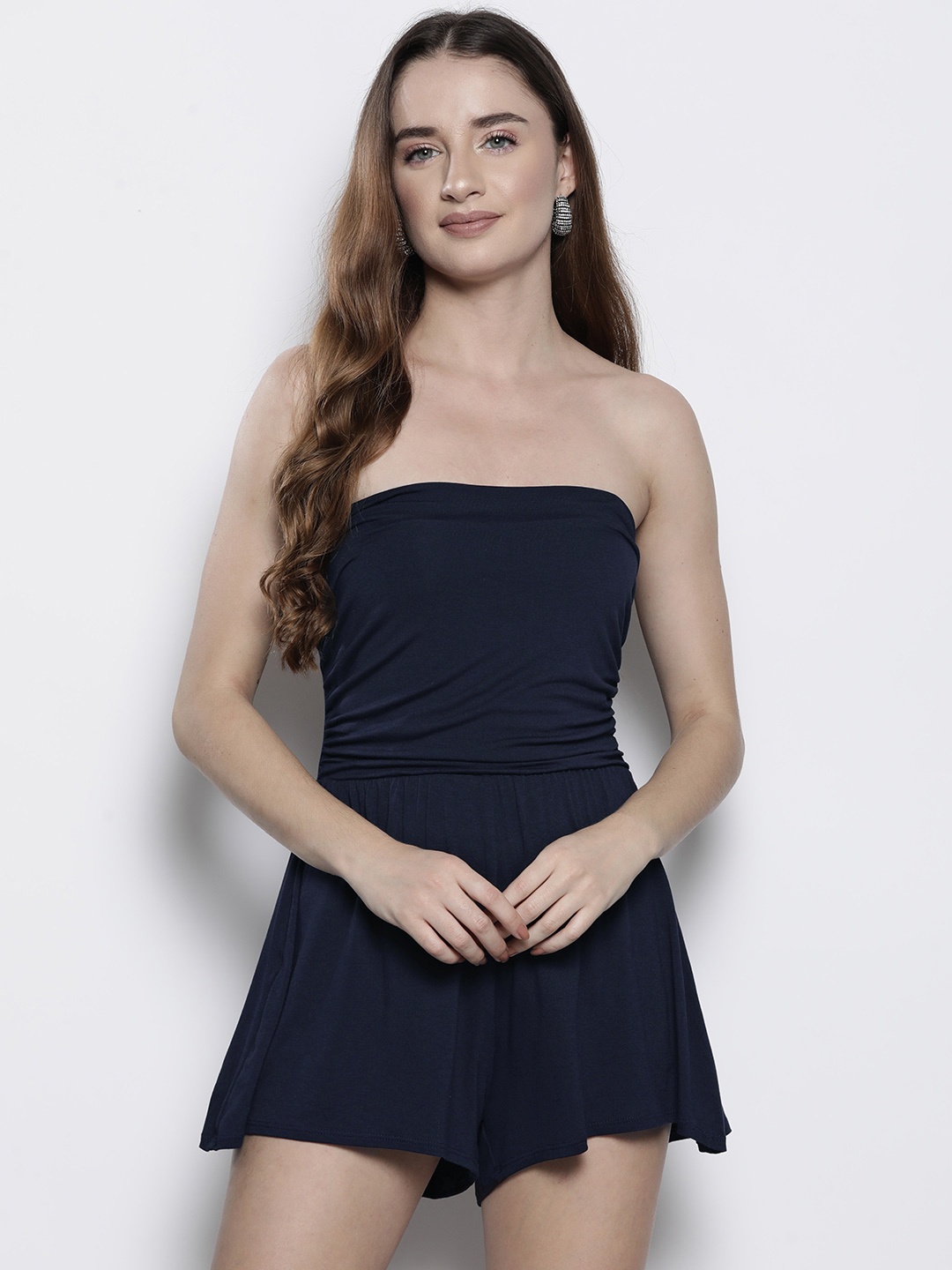 

Boohoo Ruched Strapless Playsuit, Navy blue