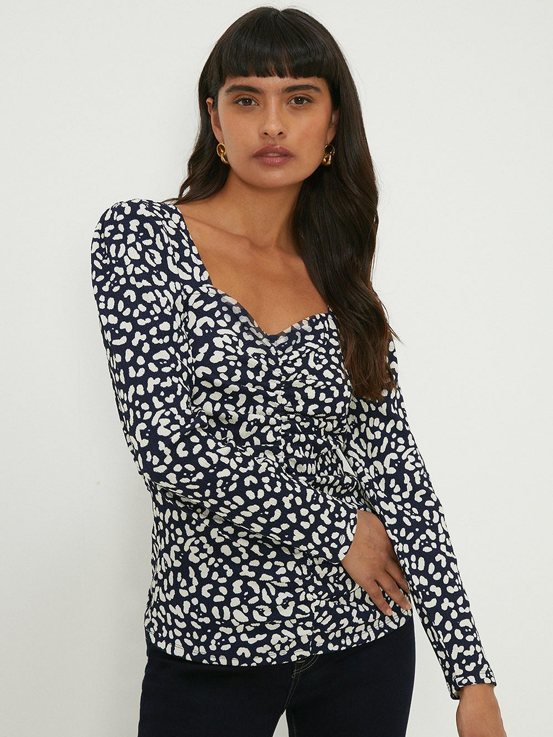 

DOROTHY PERKINS Print Sweetheart Neck Ruched Top, Navy blue