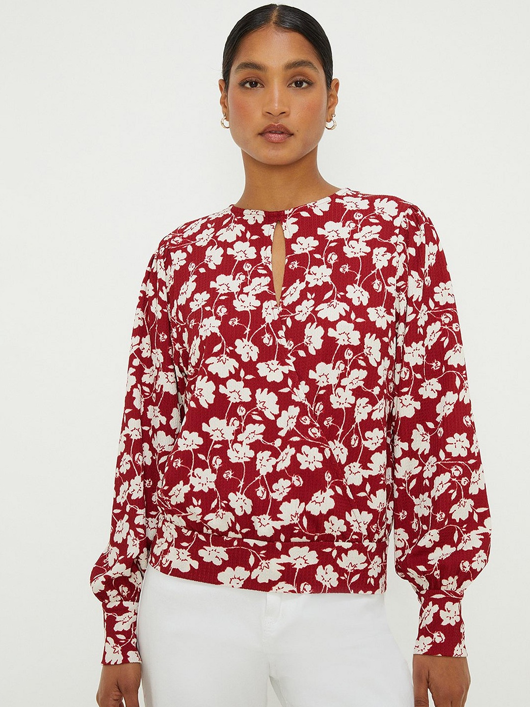 

DOROTHY PERKINS Floral Printed Keyhole Neck Puff Sleeves Top, Maroon