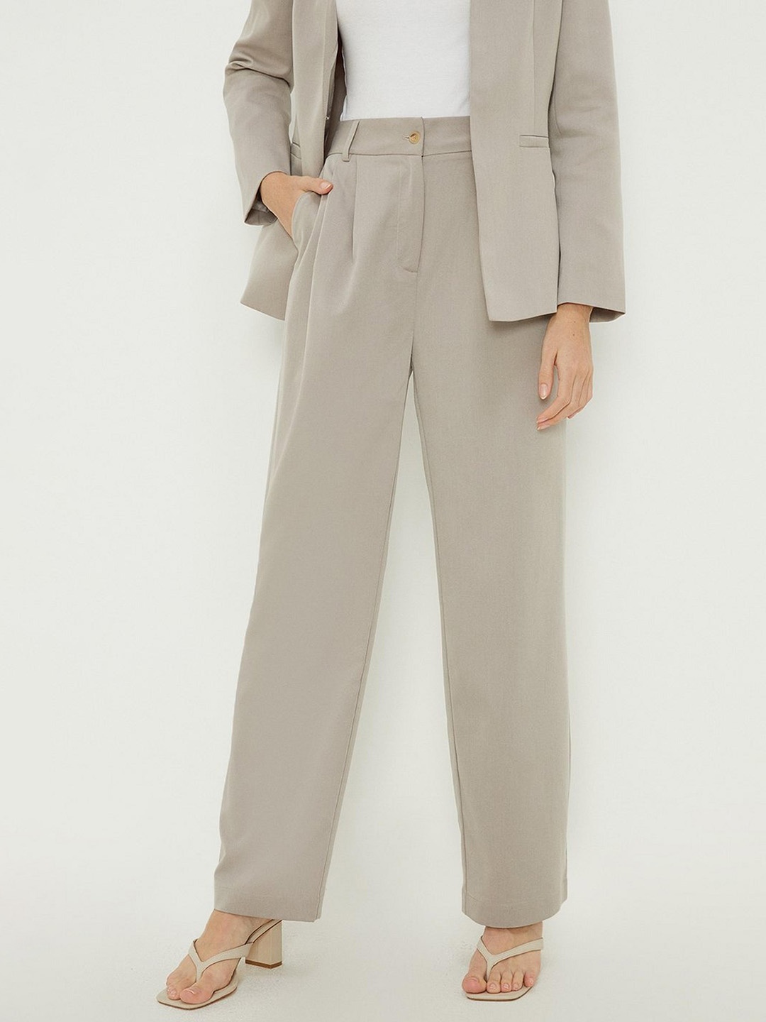 DOROTHY PERKINS Women High-Rise Pleated Wide Leg Trousers, Taupe