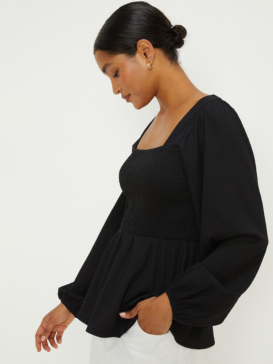 DOROTHY PERKINS Puff Sleeves Smocked Peplum Top, Black