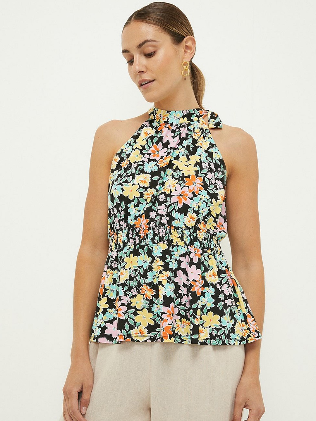 

DOROTHY PERKINS Floral Print Halter Neck Cinched Waist Top, Black