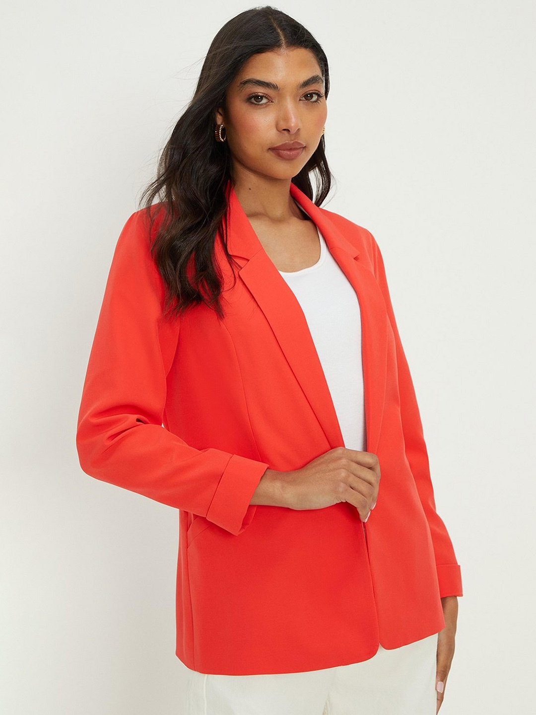 

DOROTHY PERKINS Solid Notched Lapel Cuffed Sleeves Blazer, Coral